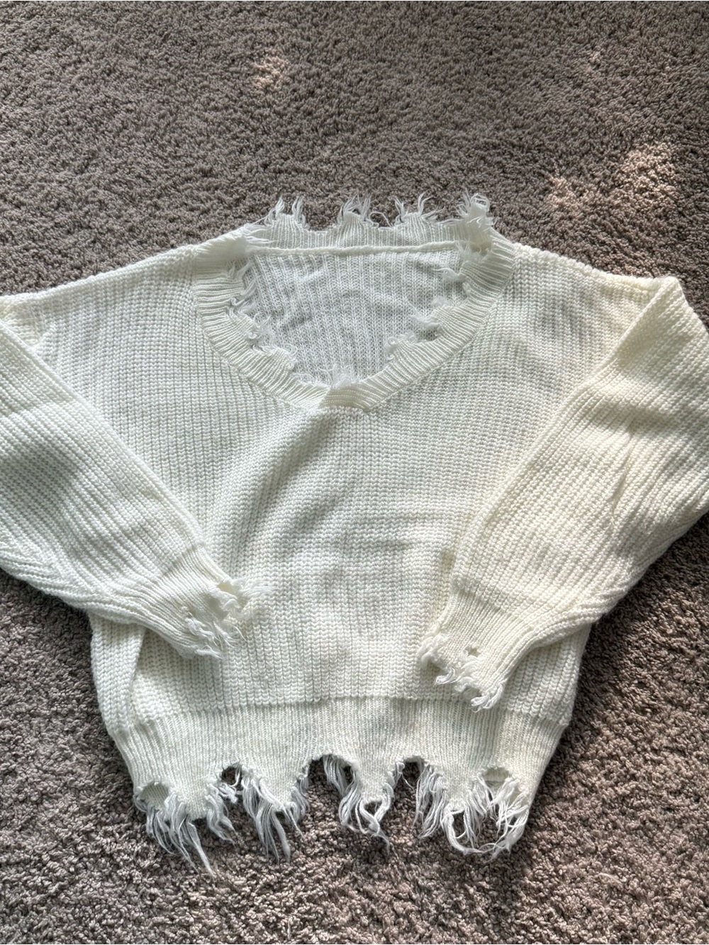 ROMWE Frayed Edge Cream V-Neck Sweater